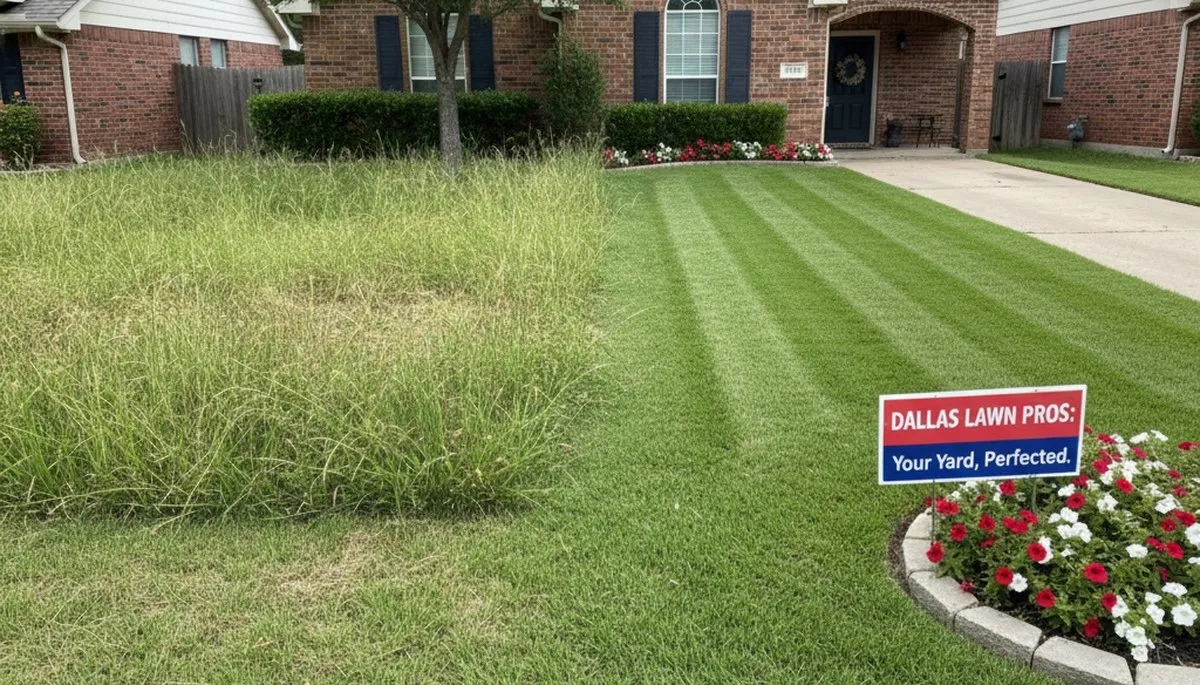 Before and after lawn mowing showing overgrown vs trimmed yard by Dallas TX landscaping professionals