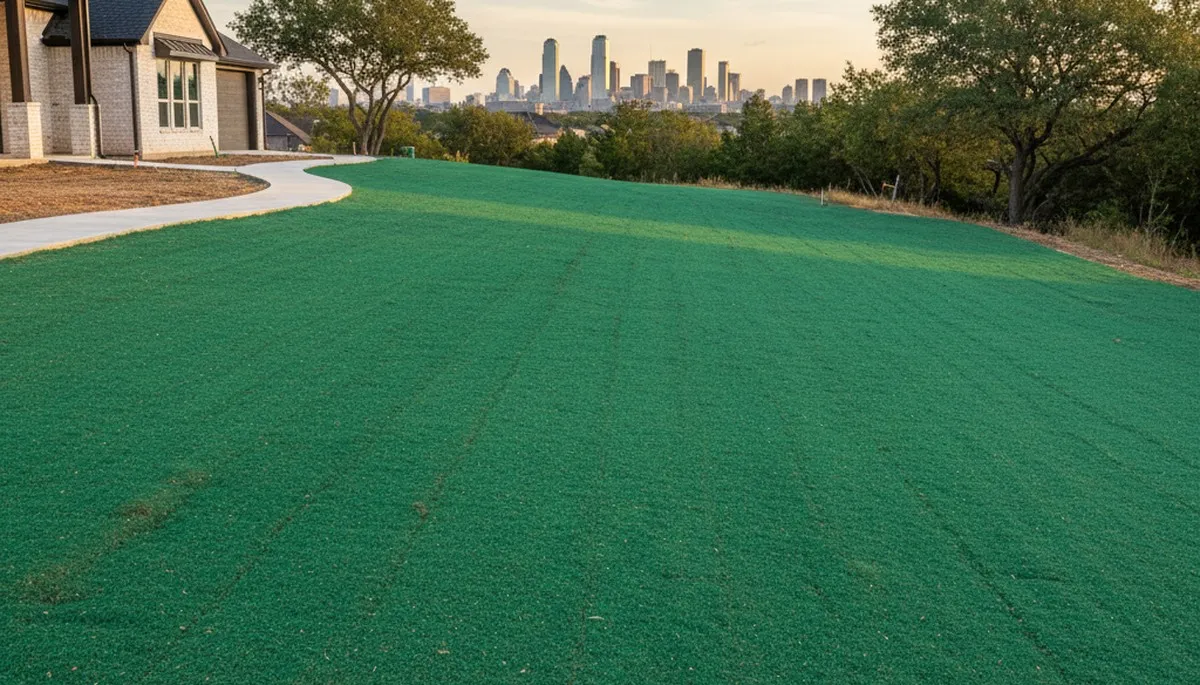 Freshly hydroseeded lawn in Dallas, TX showing even green slurry coverage by professional landscapers