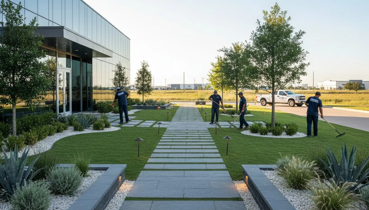 Landscaping crew servicing Dallas, TX residential yard with professional lawn care tools
