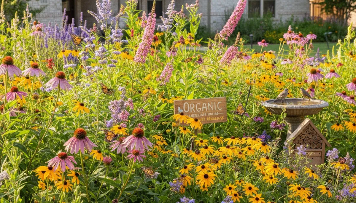 Vibrant native pollinator garden with bee-friendly flowers and butterflies in organic Dallas, TX landscaping