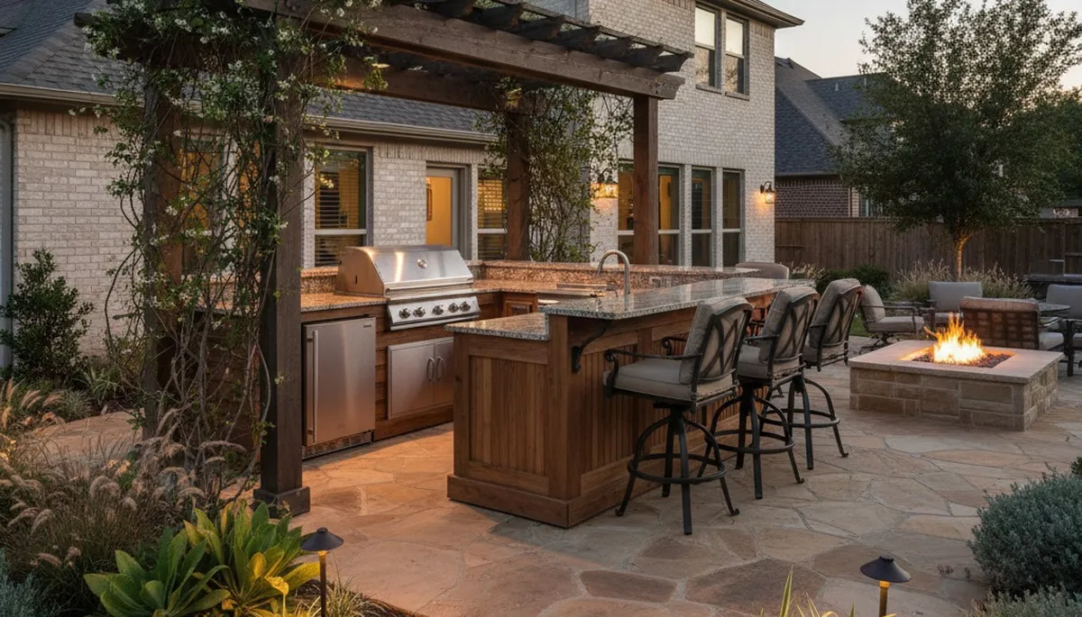 Luxury outdoor kitchen with granite countertops and pergola by Dallas, TX landscaping professionals