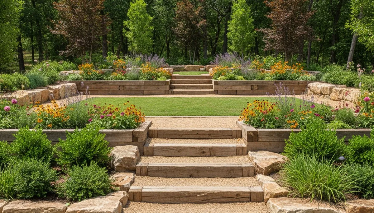 Terraced garden with timber steps and native plants by Dallas TX landscaping experts